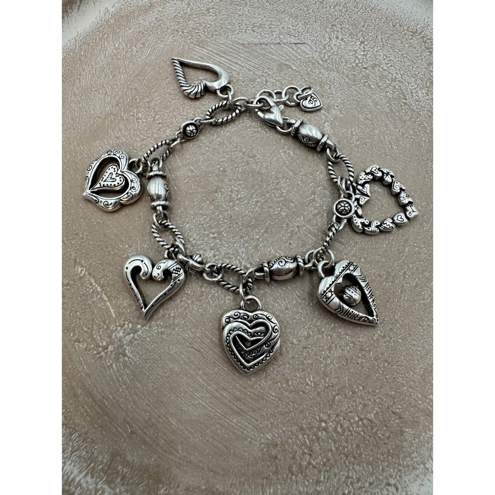 Brighton Silver Tone Multi Heart Charm Bracelet Scroll Filigree Rolo Chain